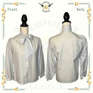 Vintage 70s Sears Fashion Place Gray Satin Touch Blouse with Bow Detail Size 10